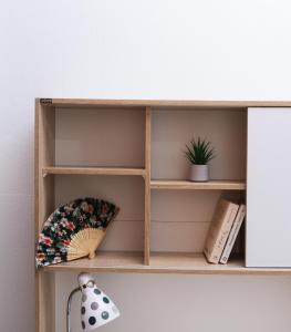 una estantería de madera con libros y una planta en Katerina Family Apartments, en Moírai