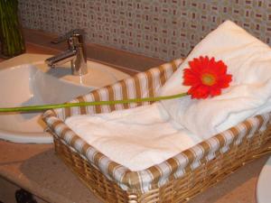umywalkę w łazience z ręcznikiem i czerwonym kwiatem w obiekcie Apartamento San Anton w mieście La Iruela