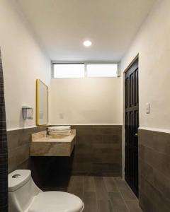 Un baño con inodoro, lavabo y ventana. en Hotel Posada San Esteban, en San Luis Potosí