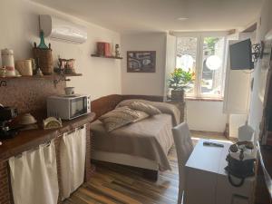 a living room with a bed and a microwave at Dimora Forgione B&B - Pietrelcina in Pietrelcina