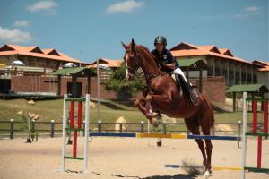 a person riding a horse jumping over an obstacle at Gravatá - Flat Fazenda Monte Castelo in Sairé