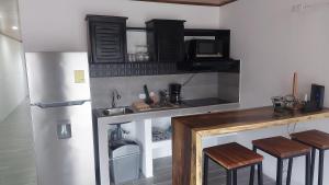 a kitchen with a counter with a sink and a refrigerator at Casas Dñ Juanita in Jacó