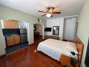 Schlafzimmer mit einem Bett und einem Deckenventilator in der Unterkunft Sherbrooke All Suites Hotel in Miami Beach