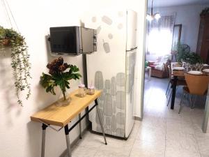 a kitchen with a refrigerator and a table with a tv at EBREHOME in Deltebre