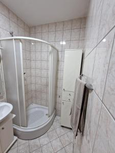 a bathroom with a shower and a toilet and a sink at City Center in Visoko