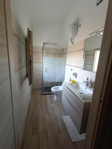 ein Bad mit einem WC, einem Waschbecken und einer Dusche in der Unterkunft La casa di Rubin in Carloforte
