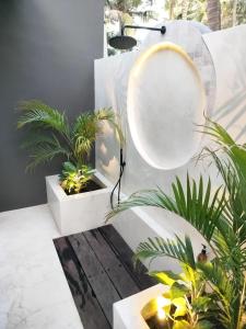 La salle de bains est pourvue de plantes en pot et d'un miroir. dans l'établissement Villa Luna - Gili Air, à Gili Air