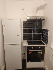 een keuken met een fornuis en een koelkast bij Manhattan Studio flat northbridge services in Londen