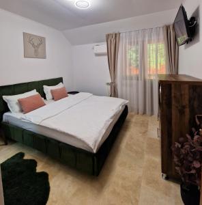 a bedroom with a large bed and a television at Casa Nikolia in Măgura