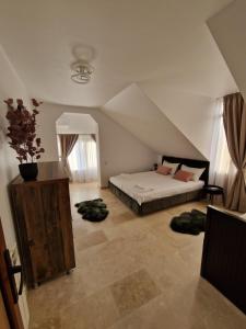 a bedroom with a bed in a attic with windows at Casa Nikolia in Măgura