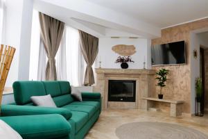 a living room with a green couch and a fireplace at Casa Nikolia in Măgura