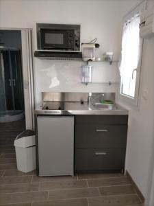 uma pequena cozinha com um lavatório e um micro-ondas em Beau studio indépendant à15mn de la plage, proche de toute commodité em Béziers