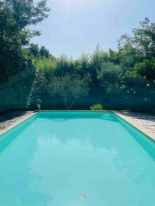 ein großer blauer Pool mit Bäumen im Hintergrund in der Unterkunft Maison Chantoiseau à Puyvert au pied du Luberon in Puyvert