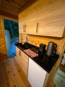 a kitchen with a stove and a counter top at Oksijen suit in Artvin