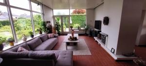 sala de estar con sofá y chimenea en Royale bungalow met grote tuin en terras, en Munstergeleen