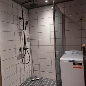 eine Dusche im Bad mit WC in der Unterkunft Levihaukka 10 in Sirkka