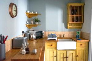 uma cozinha com um lavatório e um micro-ondas no balcão em Brixham Cottage with views em Brixham