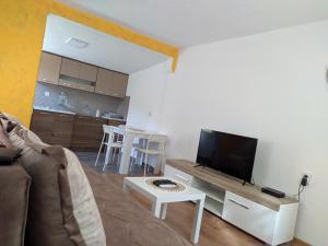 een woonkamer met een bank en een flatscreen-tv bij Olive House in Petrovac na Moru