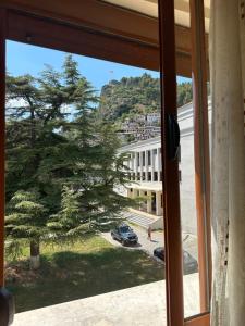 uma janela com vista para uma árvore e um edifício em Dea Apartment em Berat
