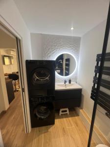 a bathroom with a washing machine in front of a mirror at Papillon de cimiez in Nice