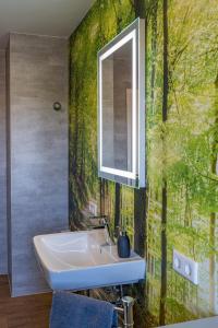 a bathroom with a sink and a mirror at Ferienwohnung Nadine Petschler in Obereisenheim