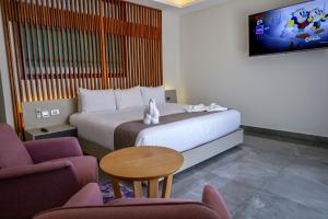 Televiisor ja/või meelelahutuskeskus majutusasutuses Solmare Apartments & Suites