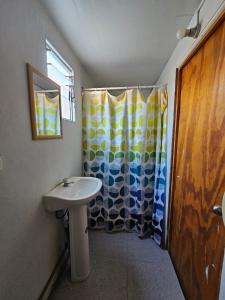 a bathroom with a sink and a shower curtain at valle in Copiapó