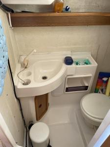 a small bathroom with a sink and a toilet at Veleiro Senhora Brava in Olhão