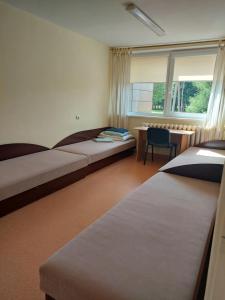 1 dormitorio con 2 camas, mesa y ventana en VšĮ Veiklus Rietavas apgyvendinimas, en Rietavas