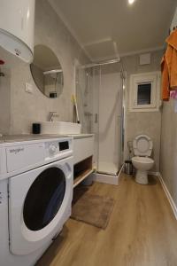 a bathroom with a sink and a washing machine at Mobilheim 