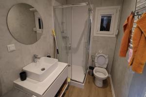 a bathroom with a sink and a toilet and a mirror at Mobilheim 