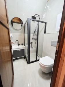 a bathroom with a shower and a toilet and a sink at Çukur Vadi Evleri in Ardeşen