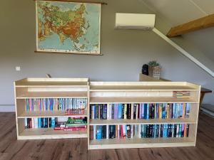 twee boekenplanken gevuld met boeken in een kamer bij Het Riethuis in Holthone
