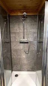 a shower with a glass door in a bathroom at Tiny House Old Oaks in Hulshorst