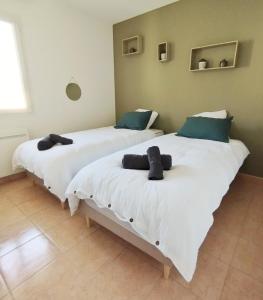duas camas sentadas uma ao lado da outra num quarto em Maison calme à proximité du Lac em Savines-le-Lac