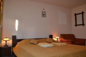 1 dormitorio con 1 cama con 2 lámparas y 1 silla en vila Dariana, en Vatra Dornei