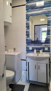 a bathroom with a sink and a toilet and a mirror at Апартаменти біля Фортеці in Kamianets-Podilskyi +41 photos