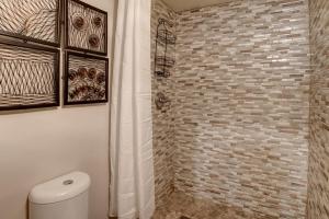 a bathroom with a toilet and a tile shower at 237 East Chestnut St in Asheville