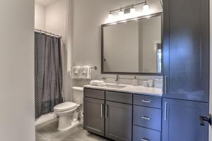 a bathroom with a sink and a toilet and a mirror at 55 South Market Condo 201 in Asheville +17 photos