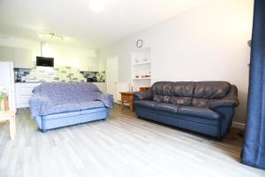a living room with a couch and a bed at Woodside Ash hot tub & pool (sleeps 4-6) in Bideford