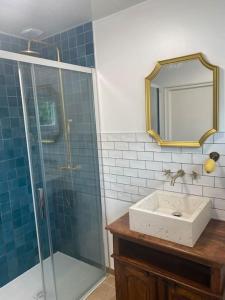 La salle de bains est pourvue d'un lavabo et d'une douche en verre. dans l'établissement *•*•Nouveau*•*• Chez Mirabelle, à Belleville-sur-Meuse