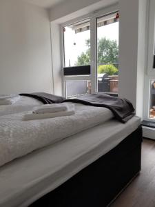 uma cama num quarto com uma janela em Ferienwohnung Wiehl Sonnenterrasse em Wiehl