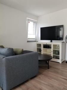 uma sala de estar com um sofá e uma televisão de ecrã plano em Ferienwohnung Wiehl Sonnenterrasse em Wiehl