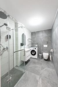 a bathroom with a shower and a washing machine at Stiklo Apartamentai in Radviliškis