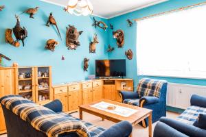 a living room with blue walls and blue furniture at Apartmány Červenohorské sedlo in Kouty