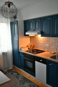 a kitchen with blue cabinets and a stove top oven at 3 min. away in Koprivnica