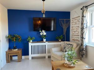 sala de estar con pared azul y TV en Sandy Feet, en Filey