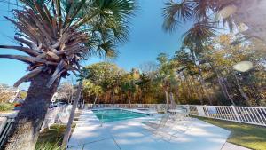 a swimming pool with a palm tree and chairs at Golfers Haven Charming 2BR Condo Pawleys Island in Pawleys Island