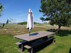 a picnic table with an umbrella on top of it at Treimani Meremaja in Treimani
