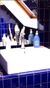 a bathroom sink with bottles of soap and a mirror at Maison Marcks Champagne in Ay